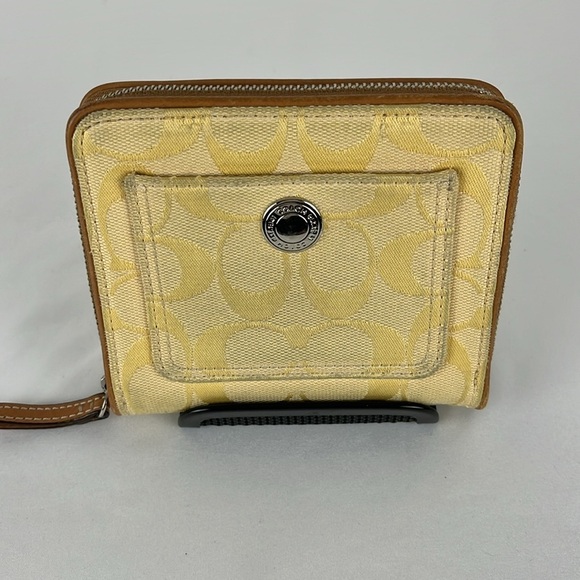 Coach Signature C Jacquard Fabric Zip Around Wallet Yellow with Leather trim - Picture 14 of 15